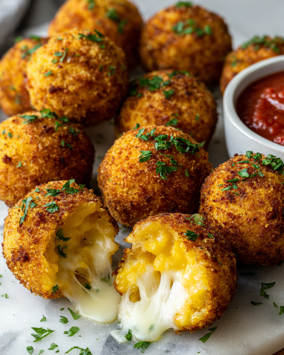 Arancinis de mac and cheese croustillants, parfaits pour les fêtes d'automne et les apéritifs entre amis.