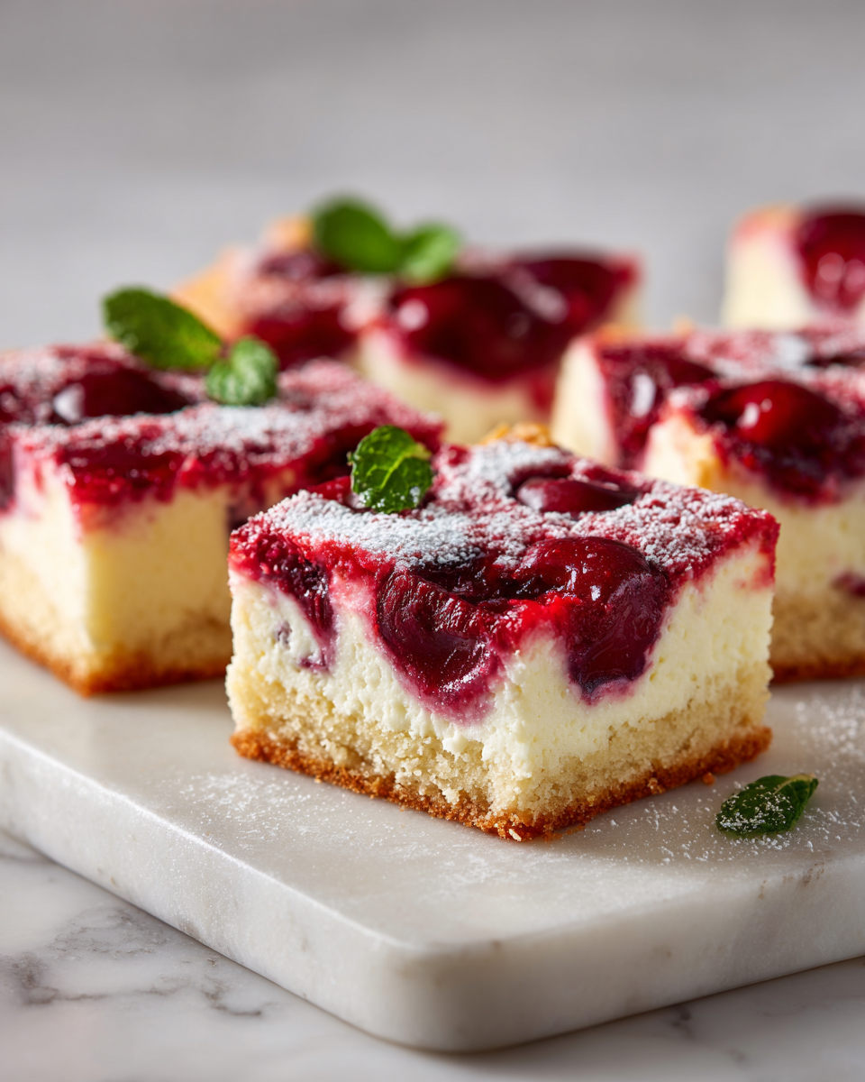 Barres aux cerises et crème aigre, dessert printanier délicieux.