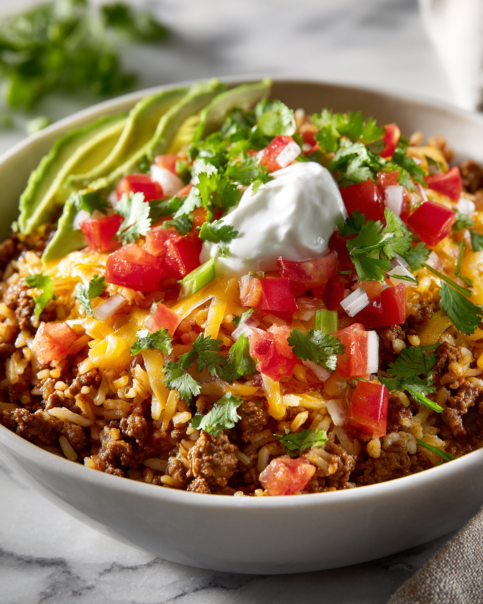 Recette de bol burrito au boeuf haché avec riz et cheddar, prêt en 30 minutes, plat réconfortant pour soirées familiales.