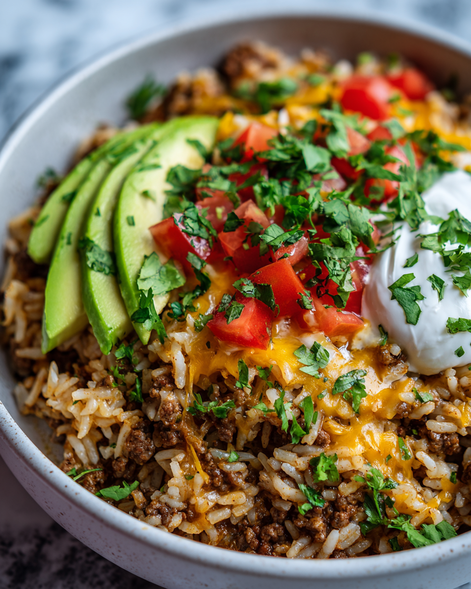 Recette de bol burrito au boeuf haché avec riz et cheddar, prêt en 30 minutes, plat réconfortant pour soirées familiales.