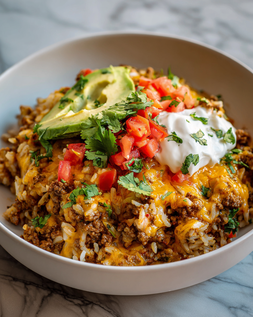 Recette de bol burrito au boeuf haché avec riz et cheddar, prêt en 30 minutes, plat réconfortant pour soirées familiales.