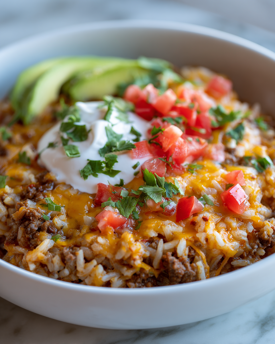 Recette de bol burrito au boeuf haché avec riz et cheddar, prêt en 30 minutes, plat réconfortant pour soirées familiales.