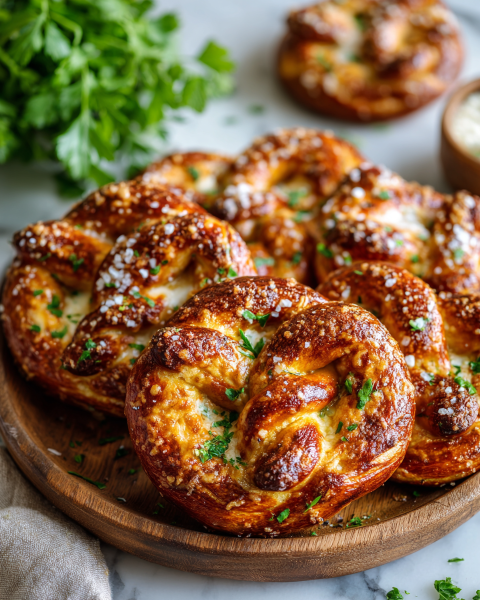 Bouchées de bretzel moelleux servies avec sauce fromage crémeuse, collation parfaite pour les fêtes.