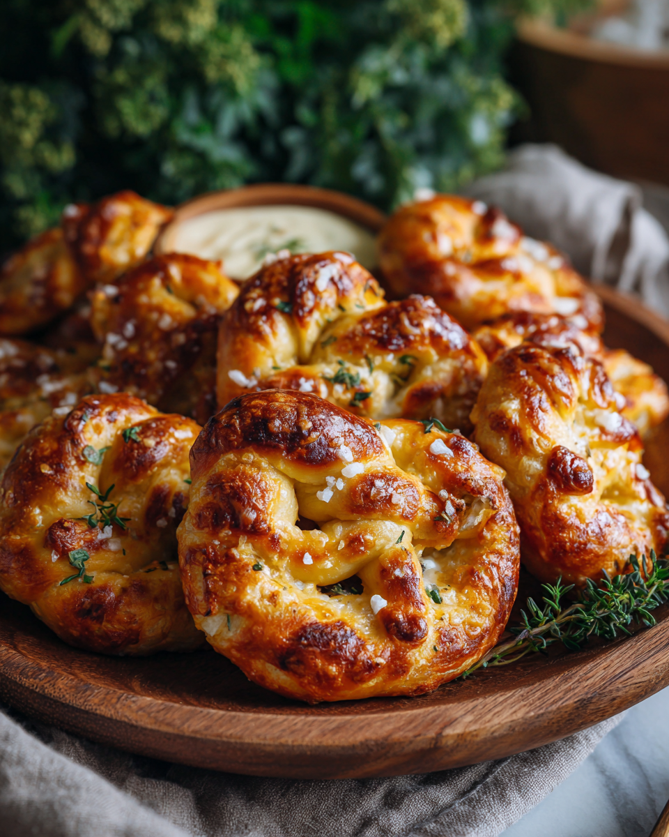 Bouchées de bretzel moelleux servies avec sauce fromage crémeuse, collation parfaite pour les fêtes.