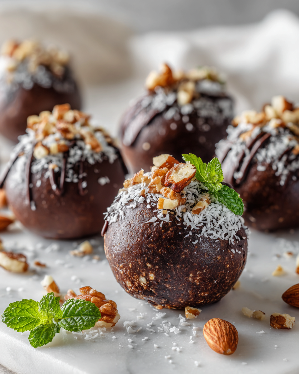 Boules de brownie sans cuisson, délicieuses et saines, parfaites pour les collations automnales. Recette rapide et facile !