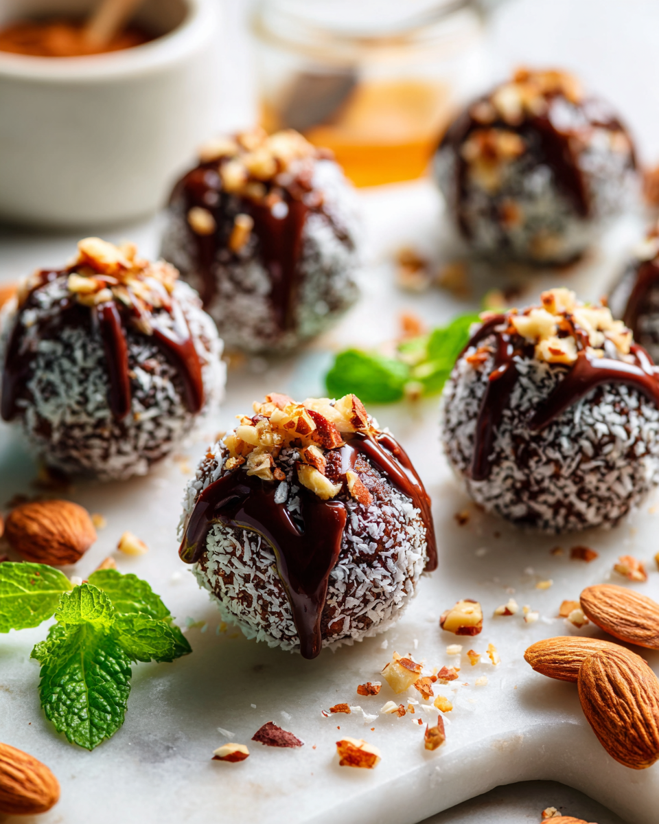 Boules de brownie sans cuisson, délicieuses et saines, parfaites pour les collations automnales. Recette rapide et facile !