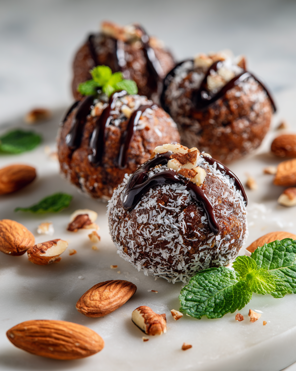 Boules de brownie sans cuisson, délicieuses et saines, parfaites pour les collations automnales. Recette rapide et facile !