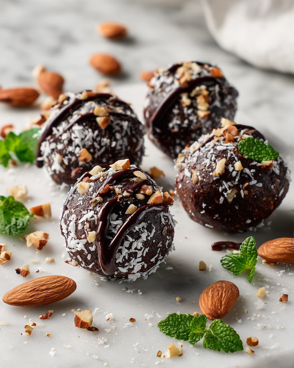 Boules de brownie sans cuisson, délicieuses et saines, parfaites pour les collations automnales. Recette rapide et facile !