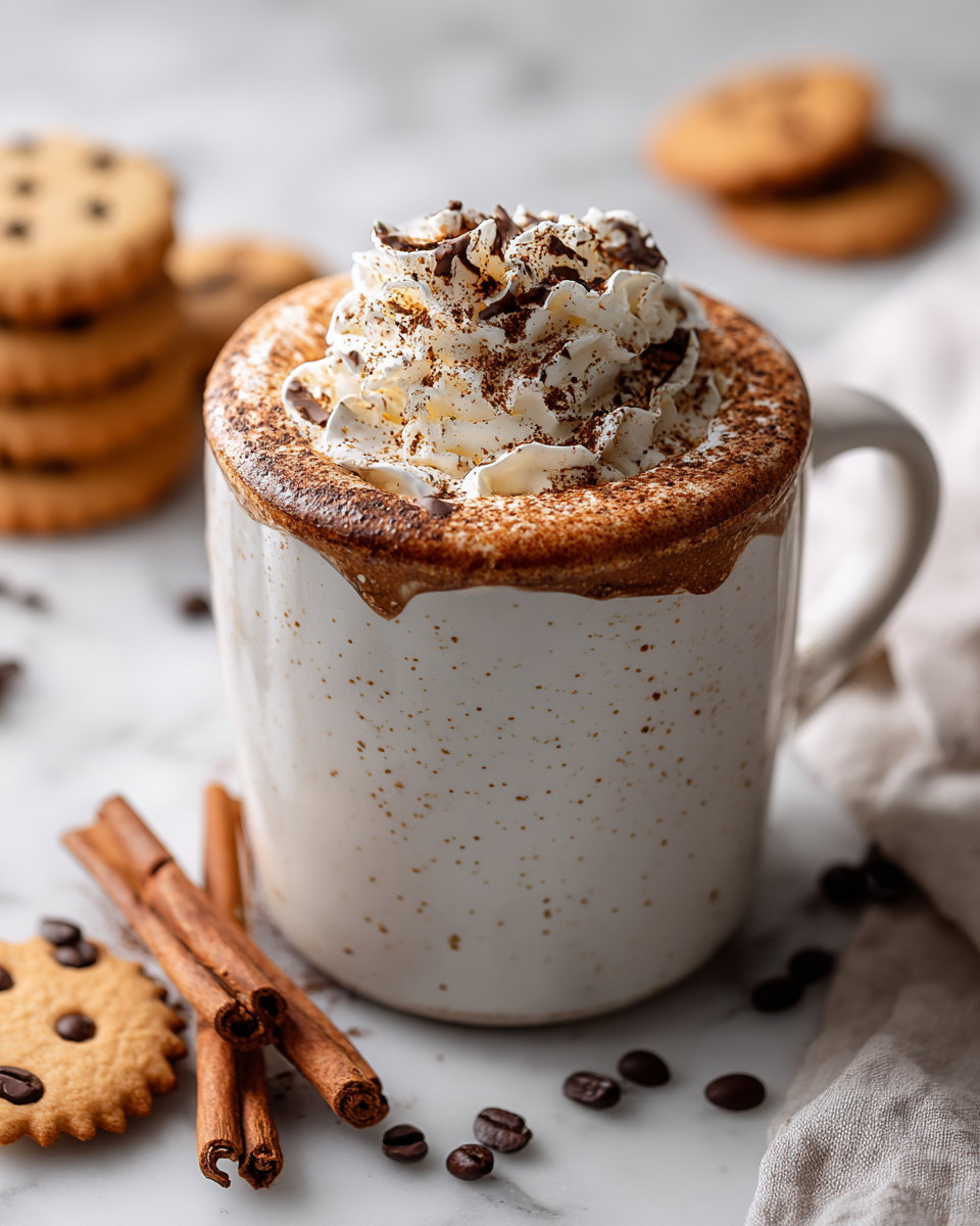 Café de Noël épicé avec crème fouettée et épices, une boisson festive réconfortante.