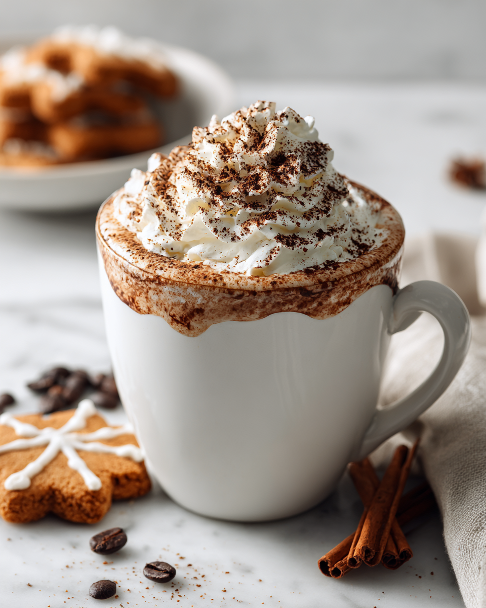 Café de Noël épicé avec crème fouettée et épices, une boisson festive réconfortante.