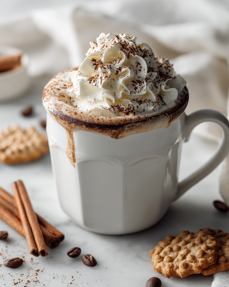 Café de Noël épicé avec crème fouettée et épices, une boisson festive réconfortante.