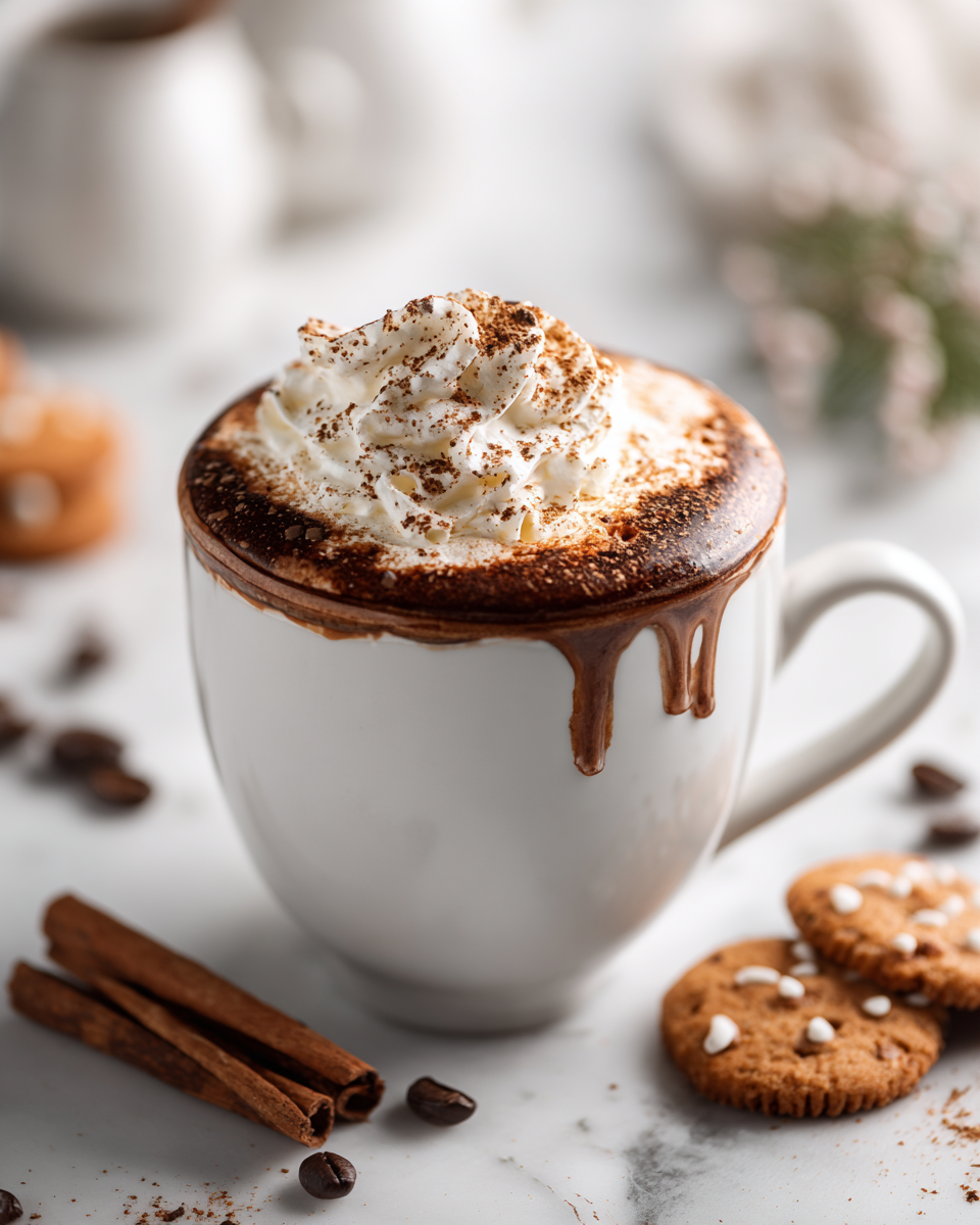 Café de Noël épicé avec crème fouettée et épices, une boisson festive réconfortante.