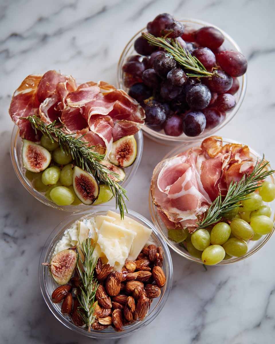 Coupe de charcuterie de Noël, mélange festif de viandes, fromages et fruits, présentée dans des coupes élégantes pour les fêtes.