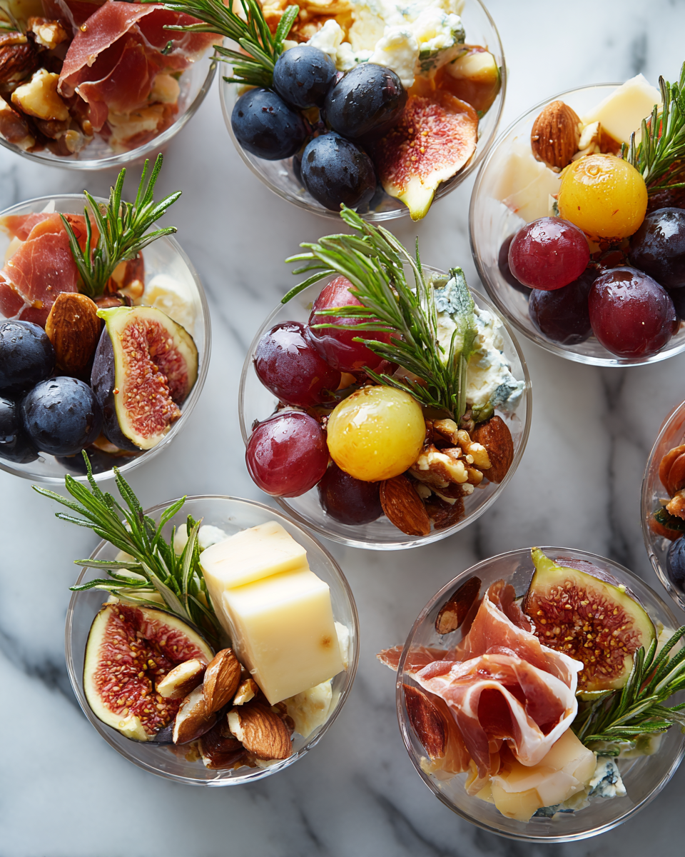 Coupe de charcuterie de Noël, mélange festif de viandes, fromages et fruits, présentée dans des coupes élégantes pour les fêtes.