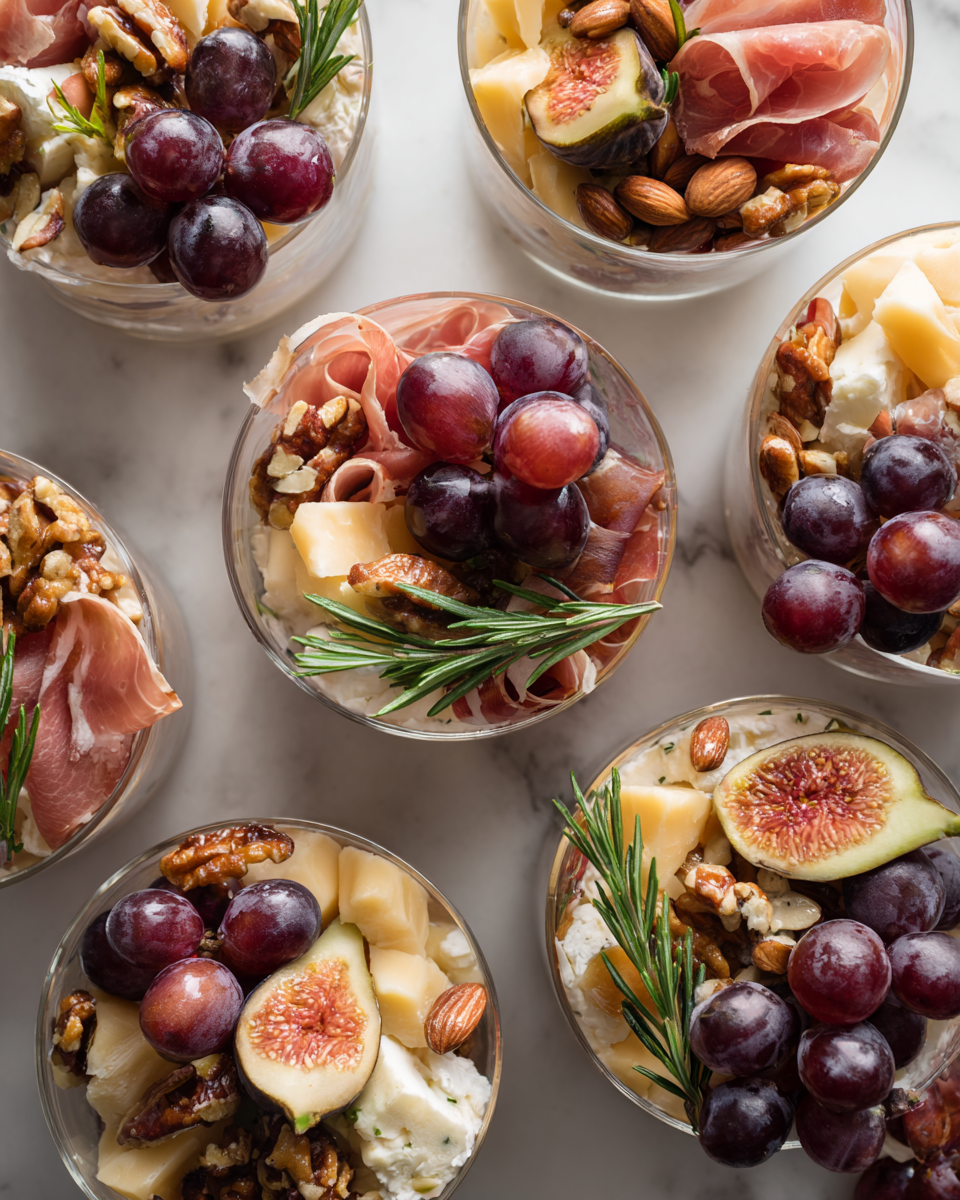 Coupe de charcuterie de Noël, mélange festif de viandes, fromages et fruits, présentée dans des coupes élégantes pour les fêtes.