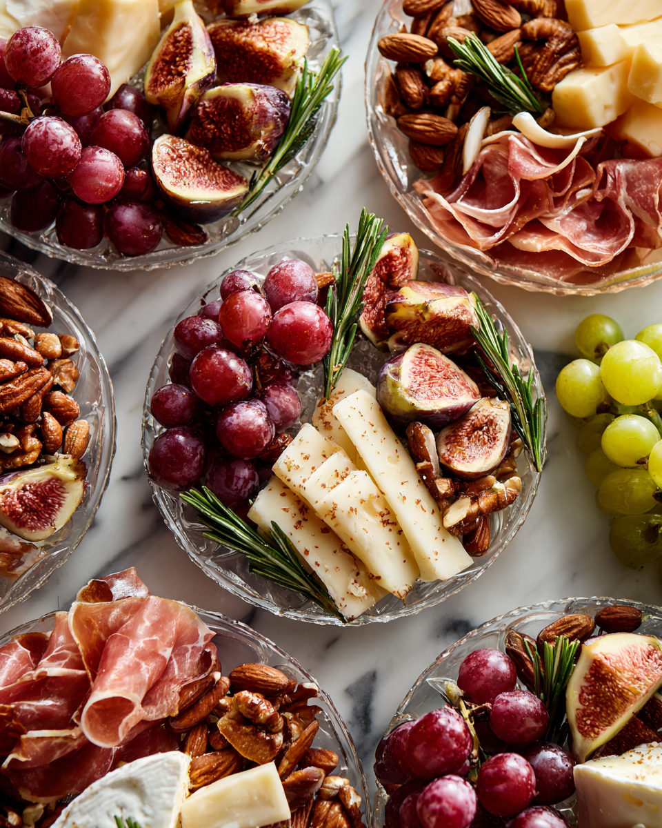 Coupe de charcuterie de Noël, mélange festif de viandes, fromages et fruits, présentée dans des coupes élégantes pour les fêtes.