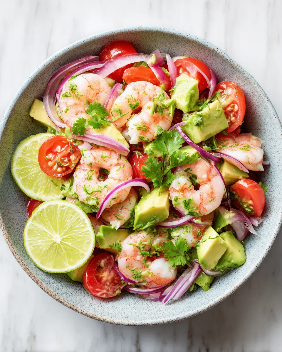 Salade de crevettes épicée et avocat, vibrant et frais, parfait pour l'automne.