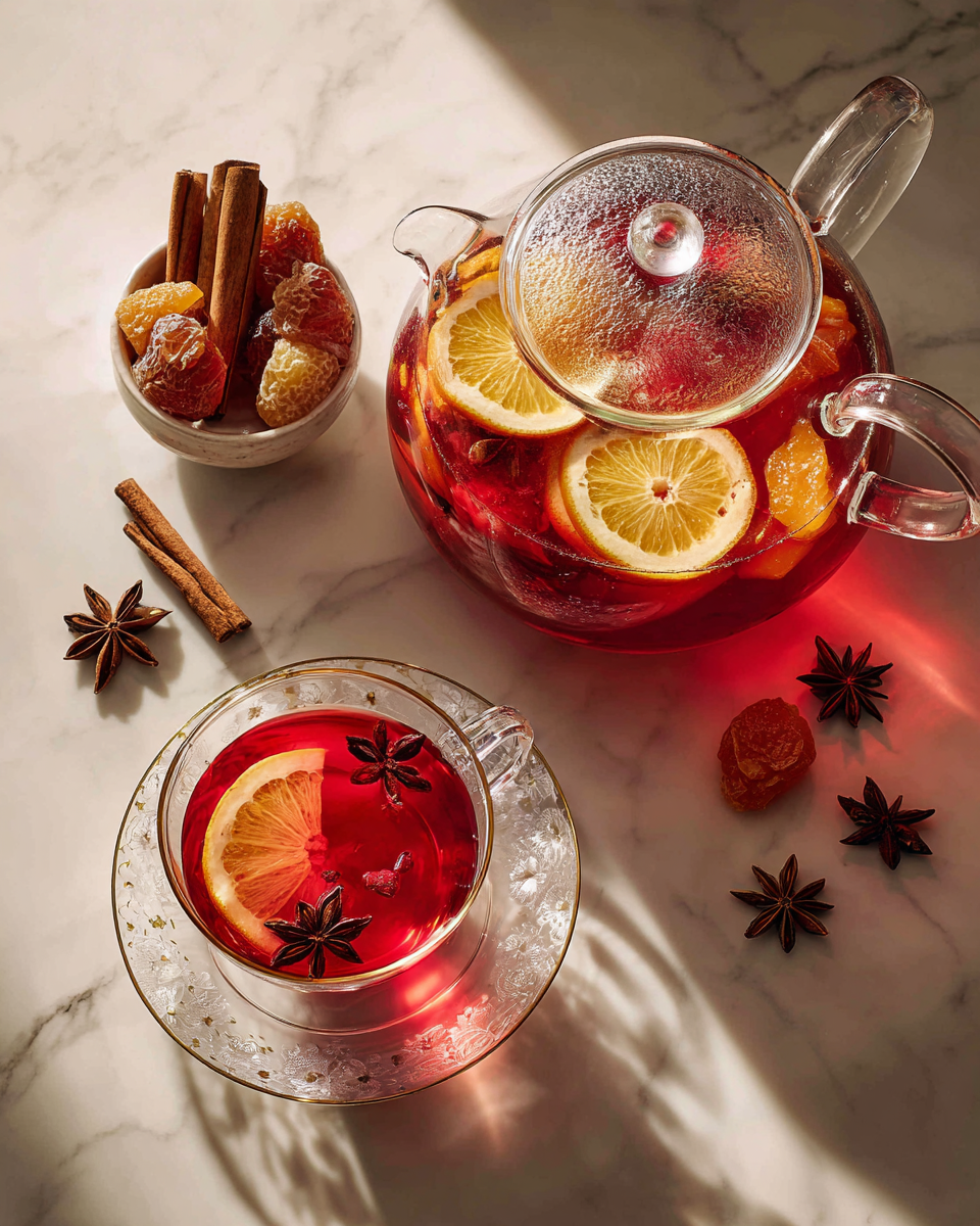 Tisane aux fruits de Noël, boisson réconfortante pour les fêtes, infusée avec des épices et des fruits secs.
