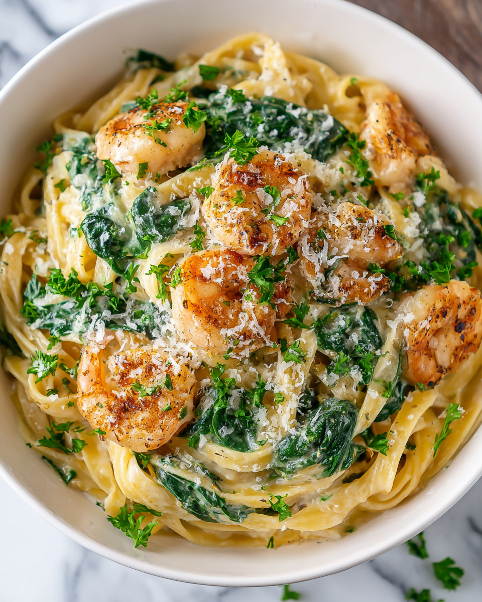 Recette de Shrimp Alfredo savoureux avec épinards, rapide et facile pour repas d'automne