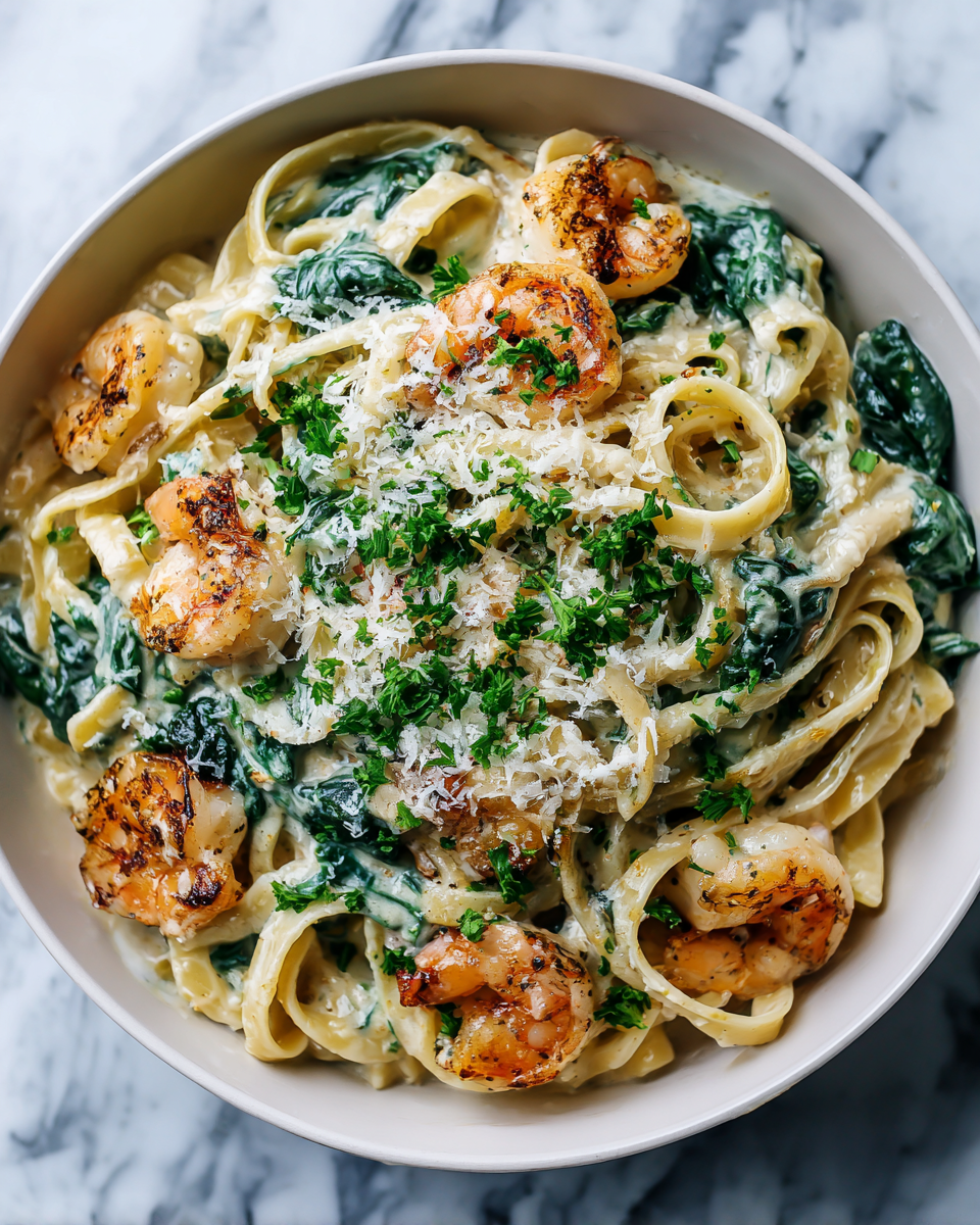 Recette de Shrimp Alfredo savoureux avec épinards, rapide et facile pour repas d'automne
