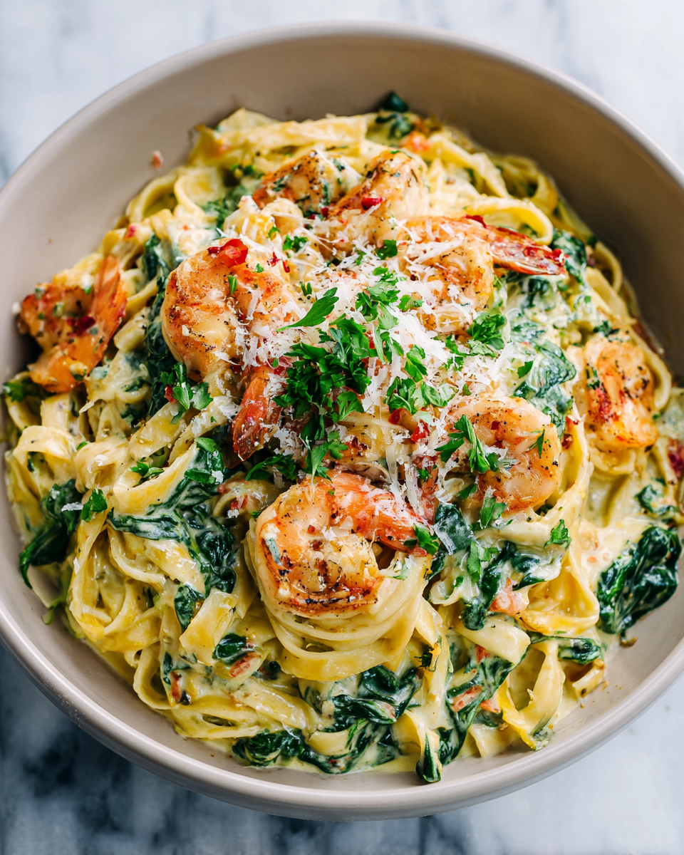 Recette de Shrimp Alfredo savoureux avec épinards, rapide et facile pour repas d'automne