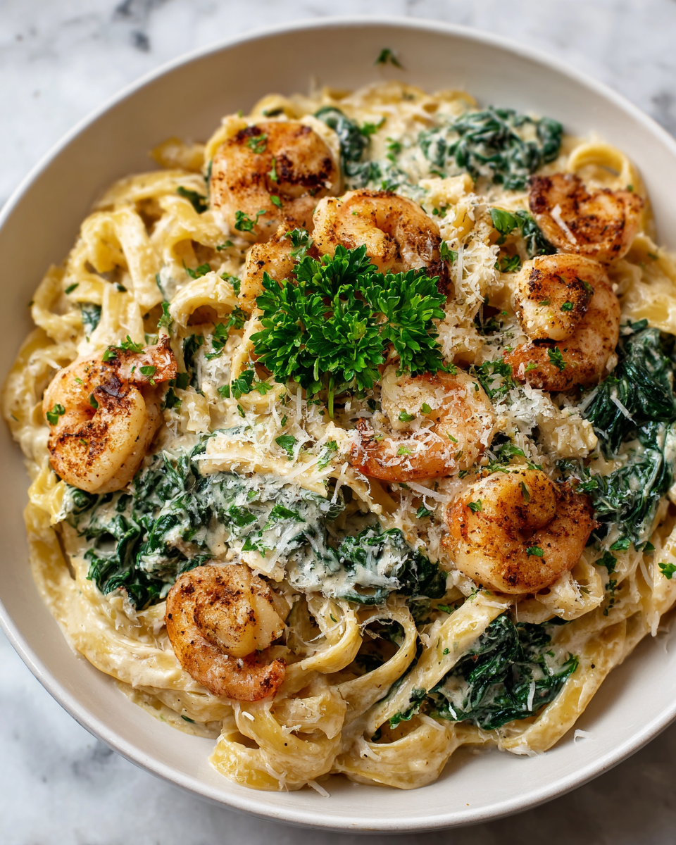 Recette de Shrimp Alfredo savoureux avec épinards, rapide et facile pour repas d'automne