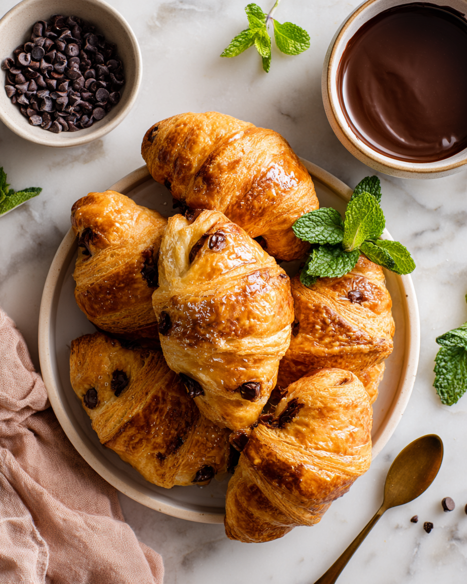 Croissants aux Pépites de Chocolat Fondants Recette délicieuse de croissants aux pépites de chocolat, parfaits pour l'automne, réconfortants et faciles à préparer.