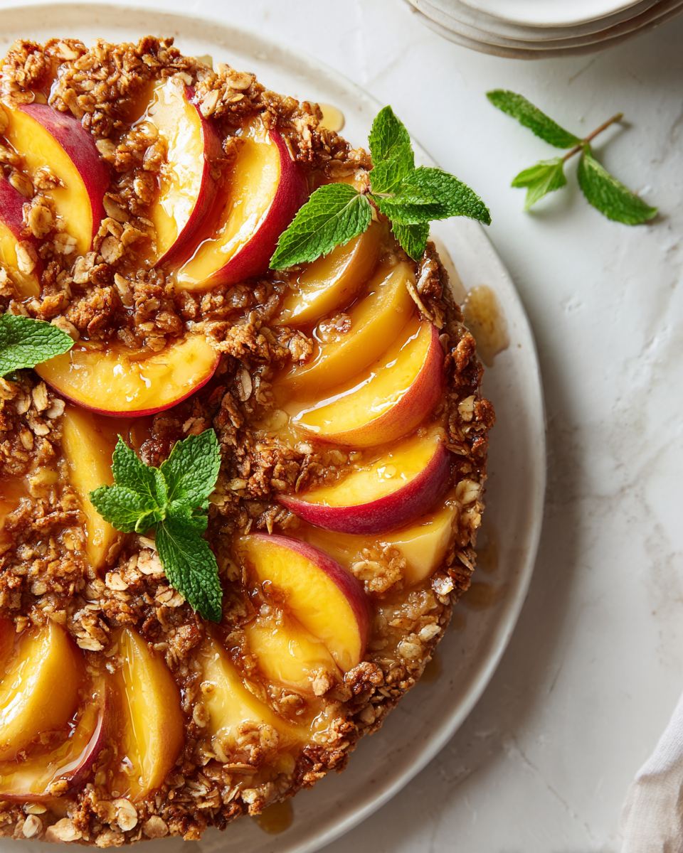 Délicieux Croustillant Healthy aux Pêches Croustillant de pêches healthy, dessert léger et savoureux, parfait pour l'été et fait maison.
