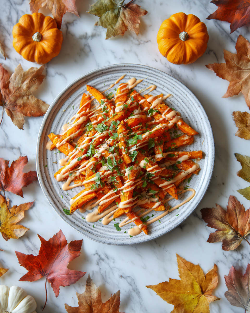 Recette de frites de patate douce croustillantes avec sauce épicée, snack parfait d'automne, easy sweet potato fries.
