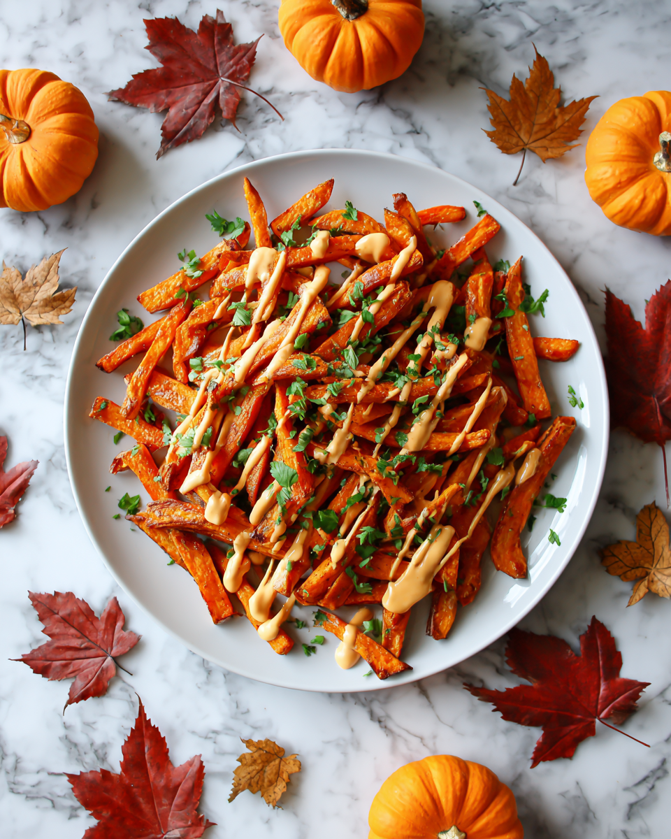 Recette de frites de patate douce croustillantes avec sauce épicée, snack parfait d'automne, easy sweet potato fries.