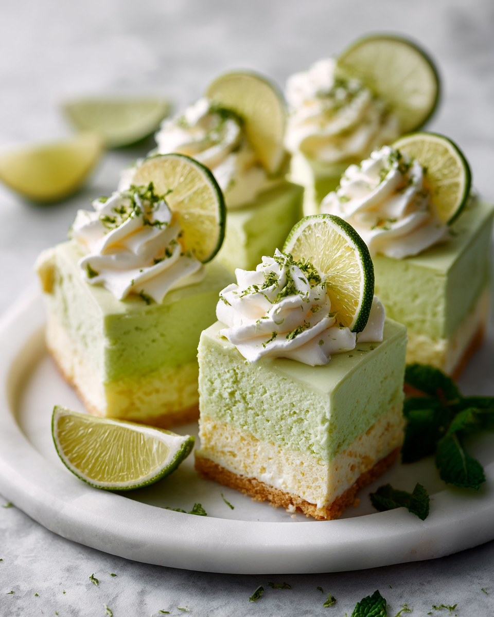 Gâteau Key Lime Poke léger et délicieux décoré de tranches de lime frais, parfait pour le printemps, recette facile à réaliser.