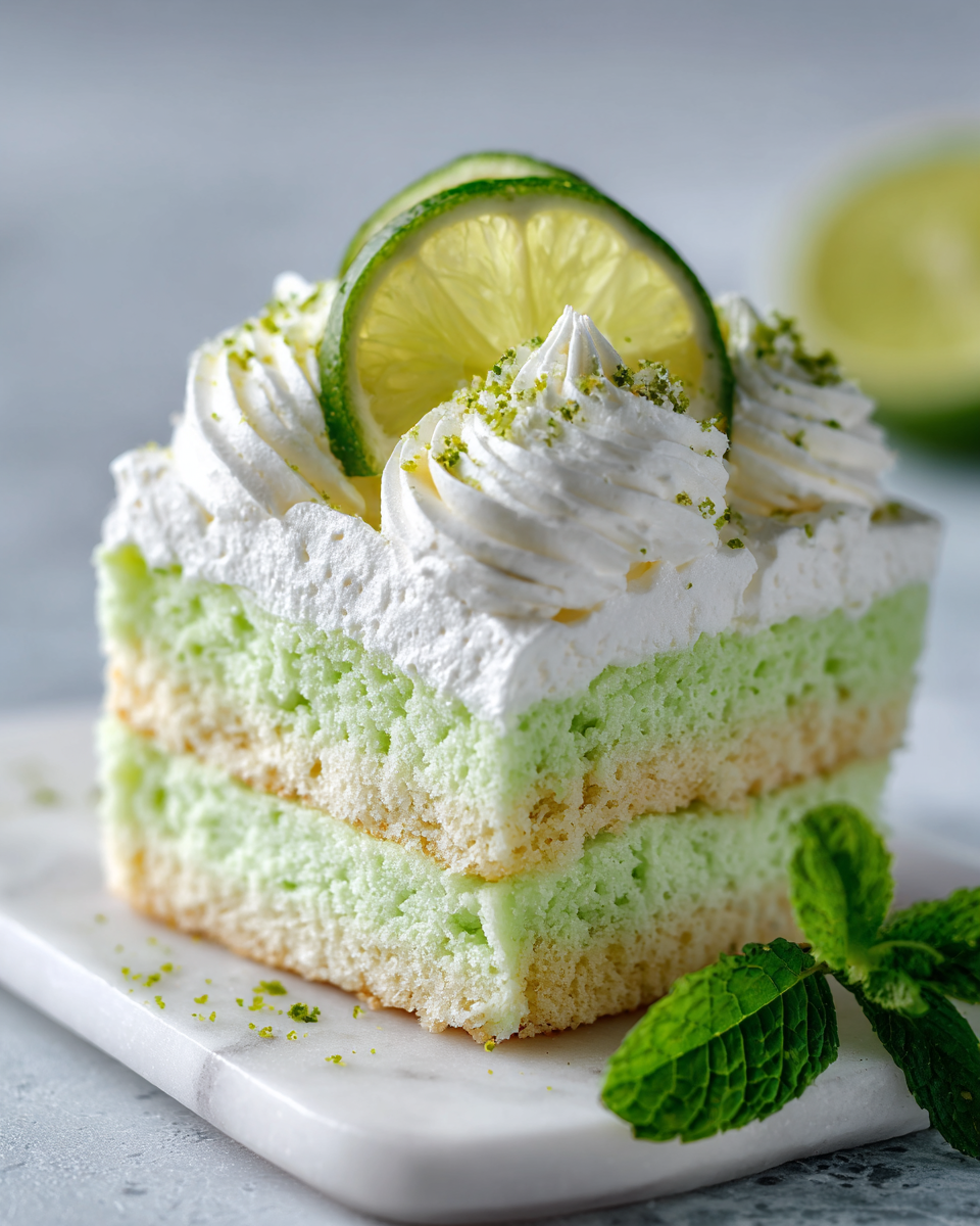 Gâteau Key Lime Poke léger et délicieux décoré de tranches de lime frais, parfait pour le printemps, recette facile à réaliser.