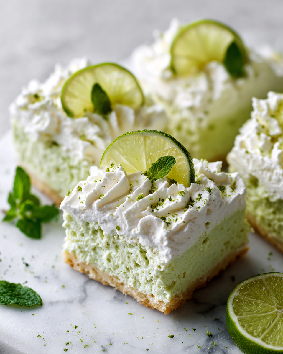 Gâteau Key Lime Poke léger et délicieux décoré de tranches de lime frais, parfait pour le printemps, recette facile à réaliser.