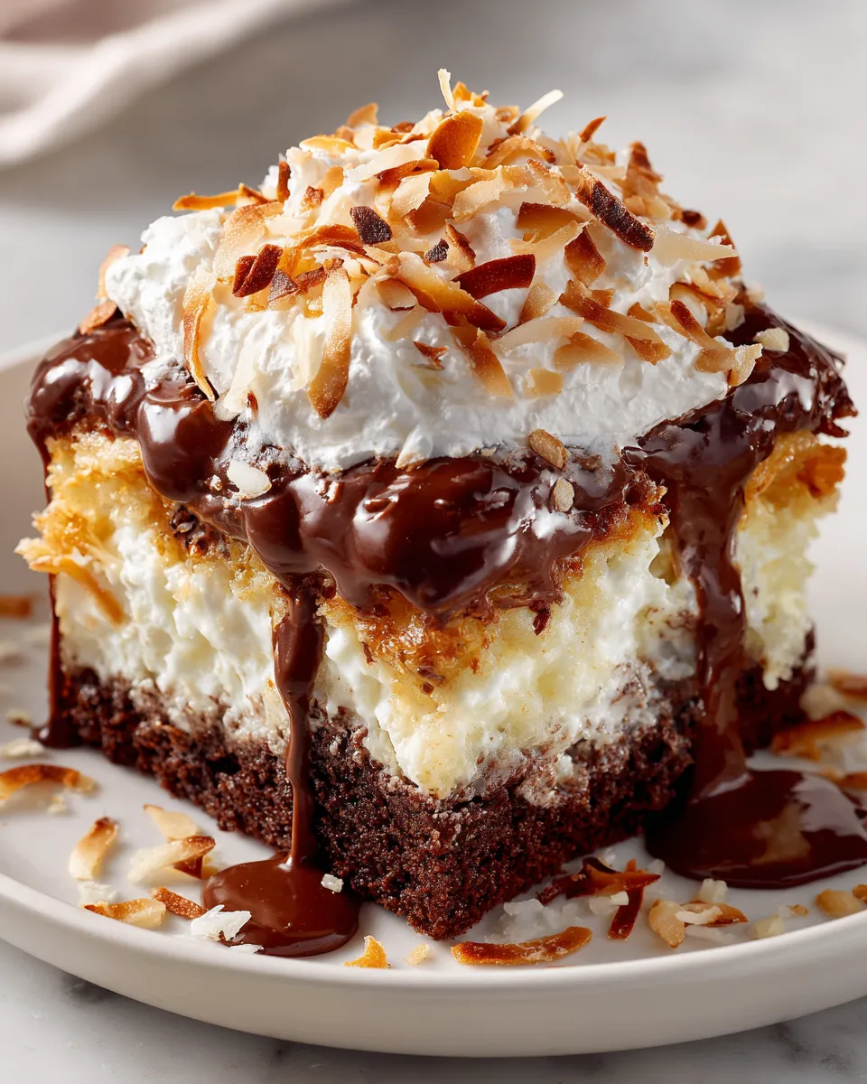 Gâteau Poke Almond Joy avec chocolat, noix de coco et amandes, parfait pour les fêtes.