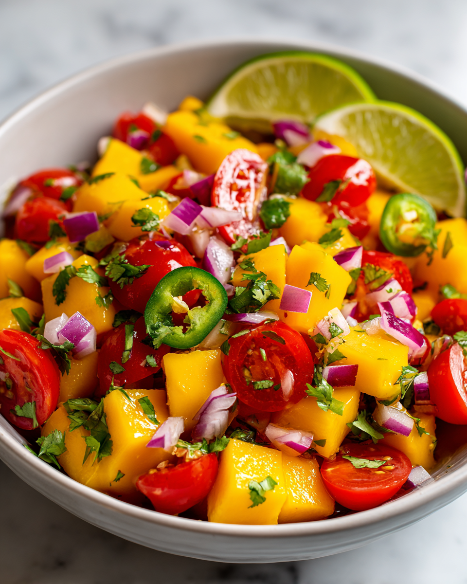 Salsa de mangue fraîche et colorée, idéale pour apéritifs estivaux