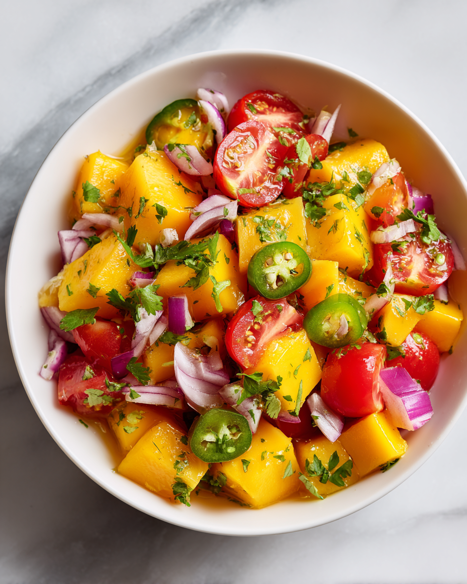 Salsa de mangue fraîche et colorée, idéale pour apéritifs estivaux