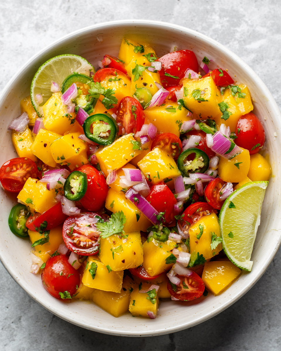 Salsa de mangue fraîche et colorée, idéale pour apéritifs estivaux
