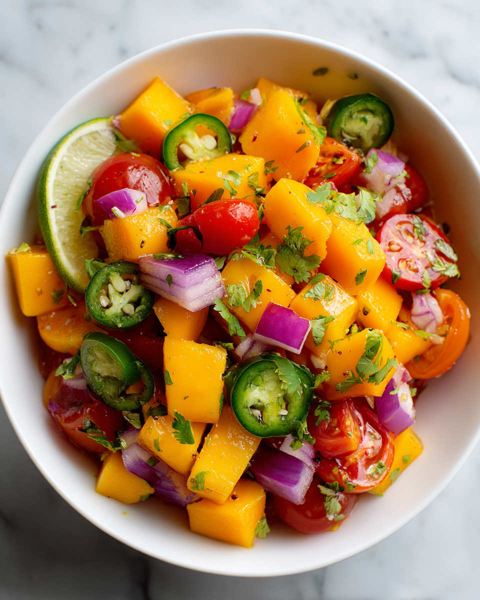 Salsa de mangue fraîche et colorée, idéale pour apéritifs estivaux