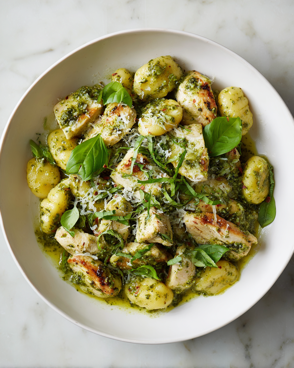 Pesto Poulet Gnocchi, un plat réconfortant rapide préparé avec des gnocchis moelleux et du poulet tendre dans une sauce pesto crémeuse.
