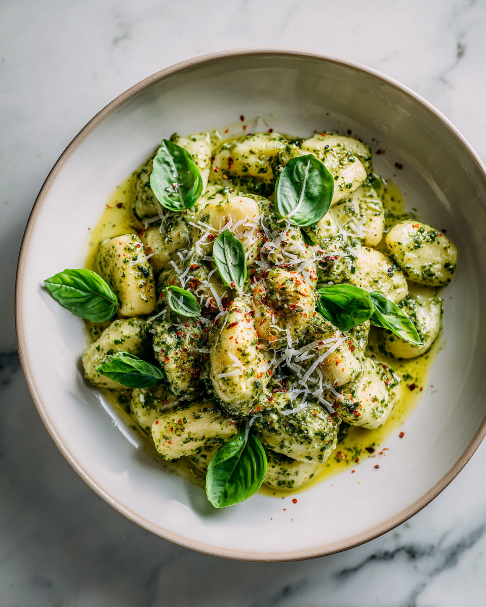 Pesto Poulet Gnocchi, un plat réconfortant rapide préparé avec des gnocchis moelleux et du poulet tendre dans une sauce pesto crémeuse.