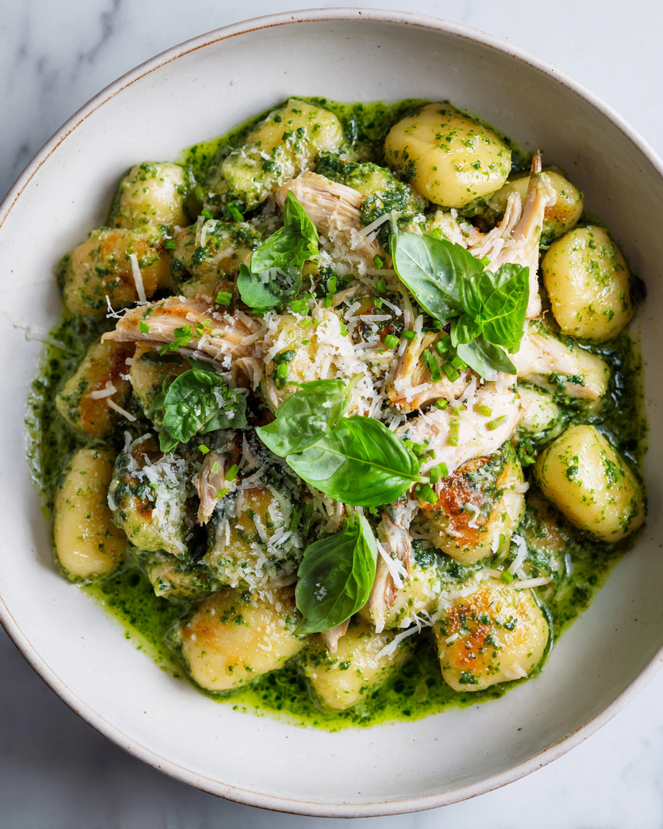 Pesto Poulet Gnocchi, un plat réconfortant rapide préparé avec des gnocchis moelleux et du poulet tendre dans une sauce pesto crémeuse.