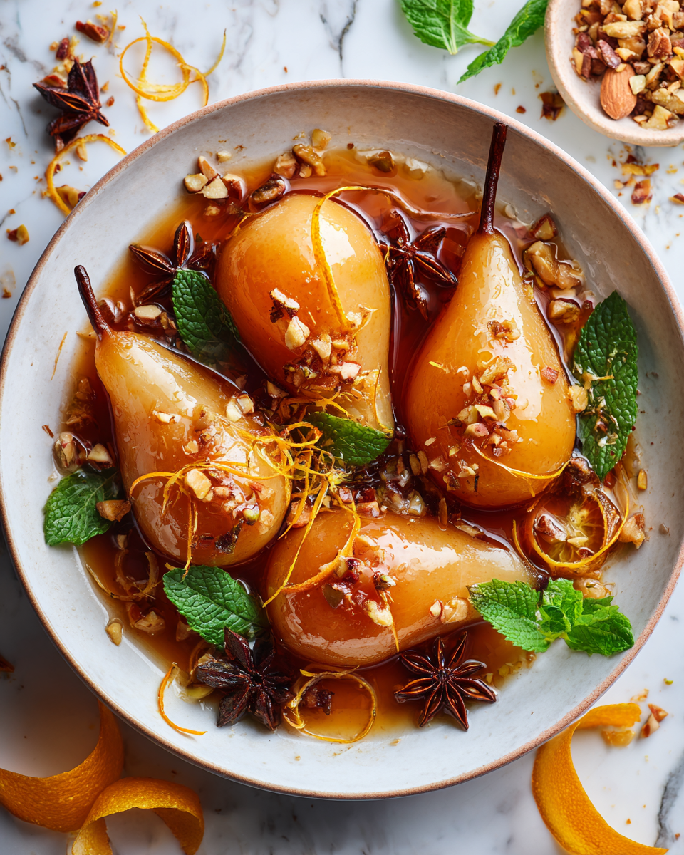 Poires pochées délicates dans un sirop parfumé, un dessert d'automne élégant.