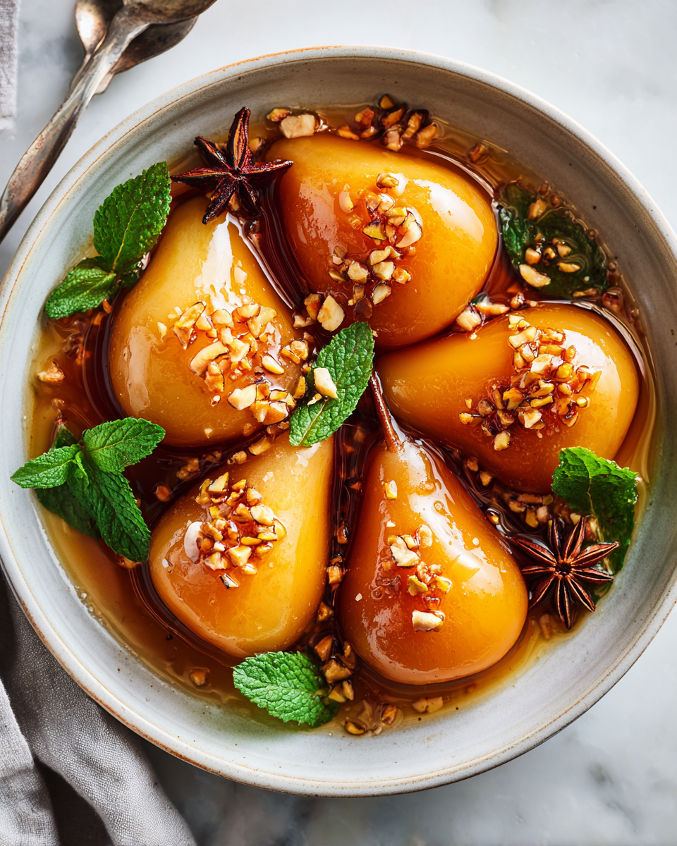 Poires pochées délicates dans un sirop parfumé, un dessert d'automne élégant.
