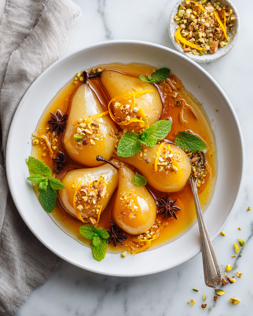 Poires pochées délicates dans un sirop parfumé, un dessert d'automne élégant.
