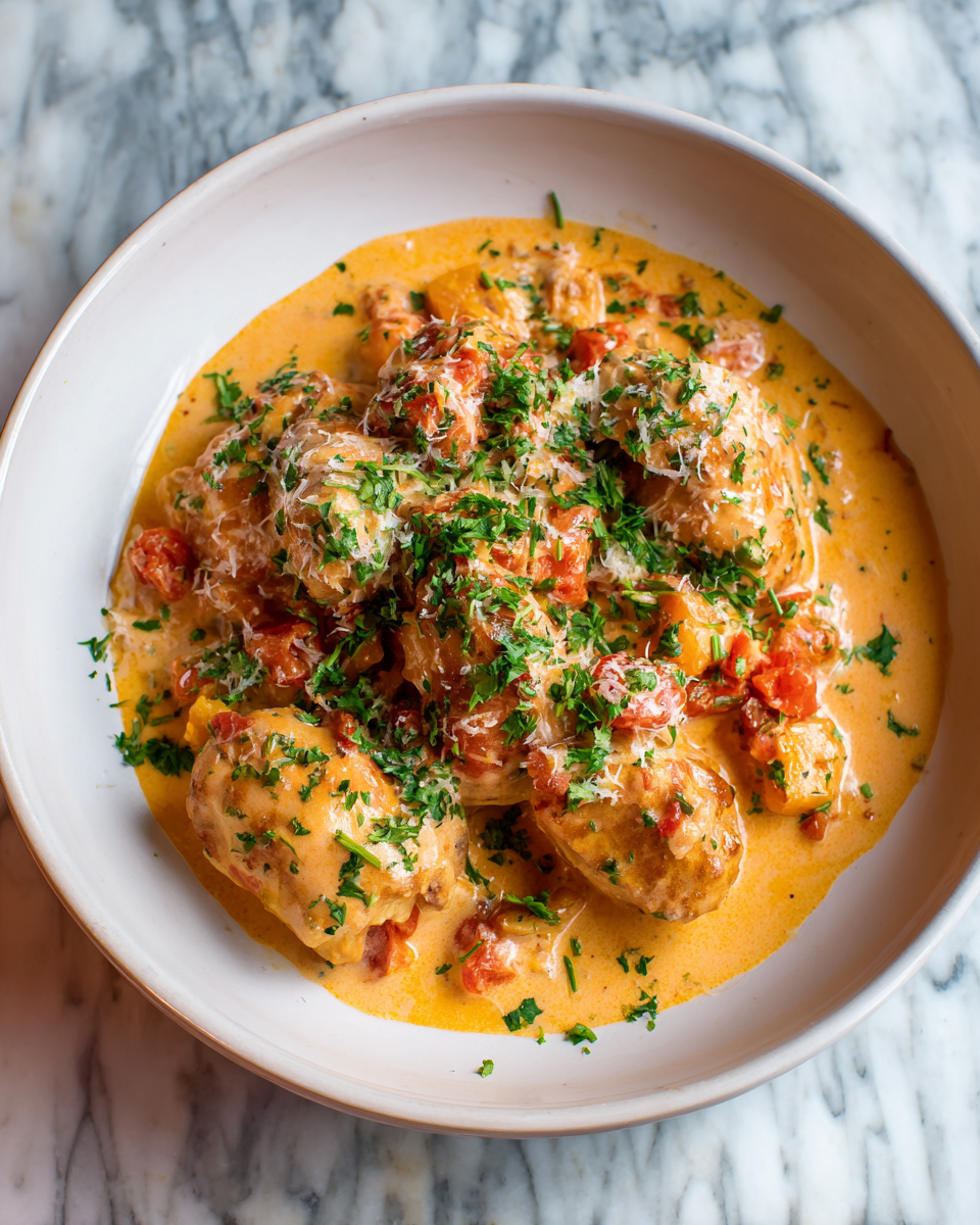 Recipe for creamy tomato parmesan chicken, perfect autumn comfort food.