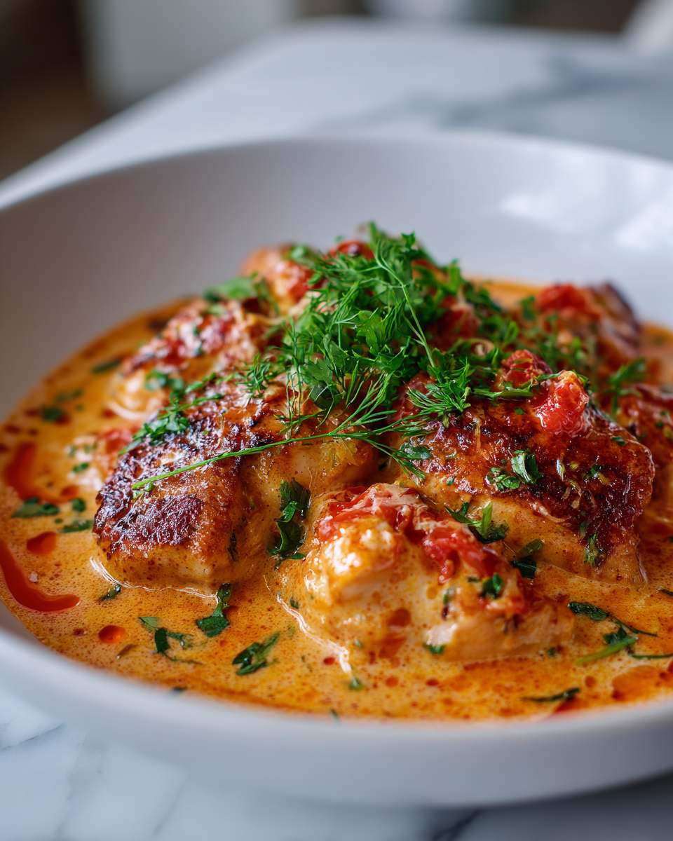 Recipe for creamy tomato parmesan chicken, perfect autumn comfort food.