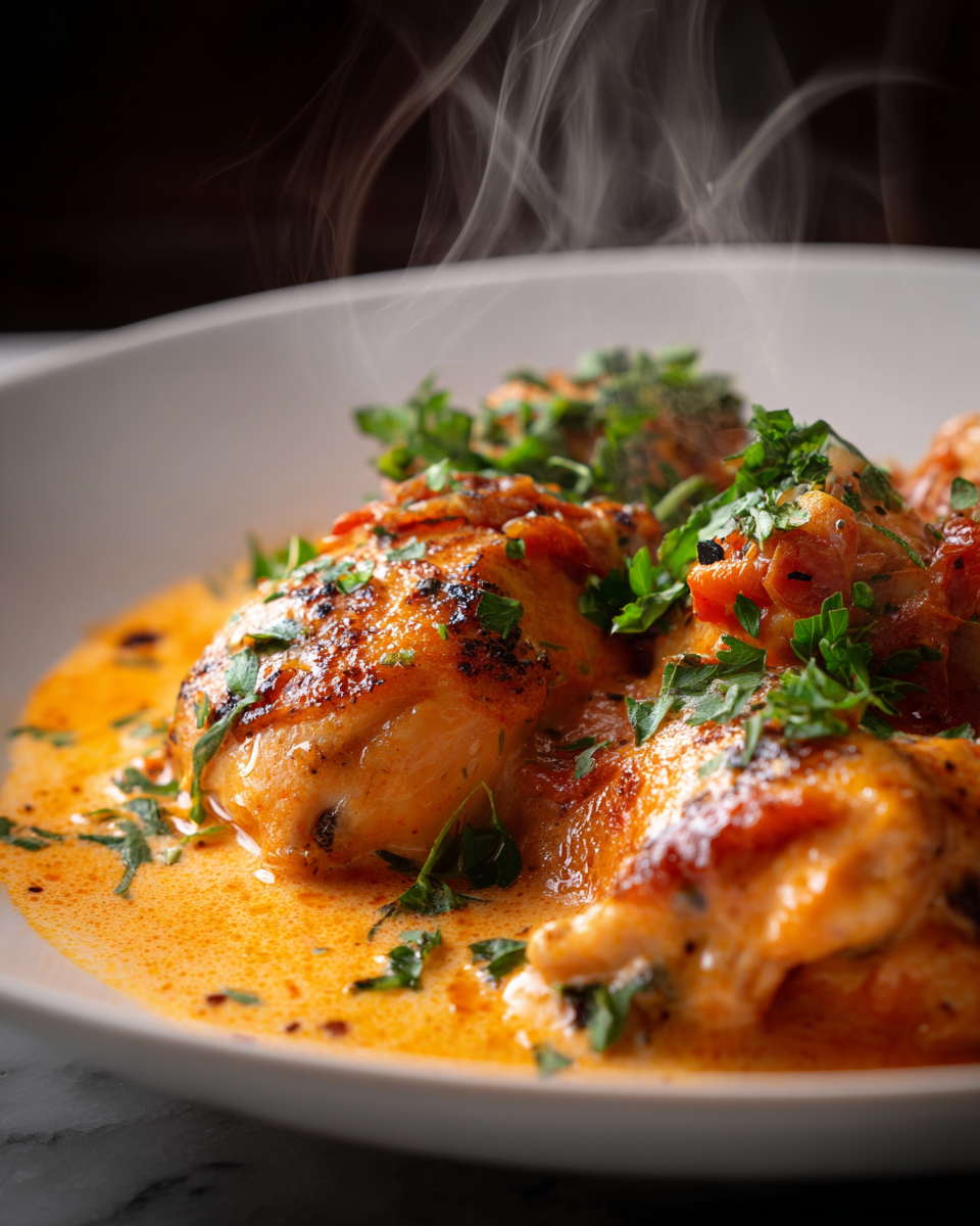 Recipe for creamy tomato parmesan chicken, perfect autumn comfort food.