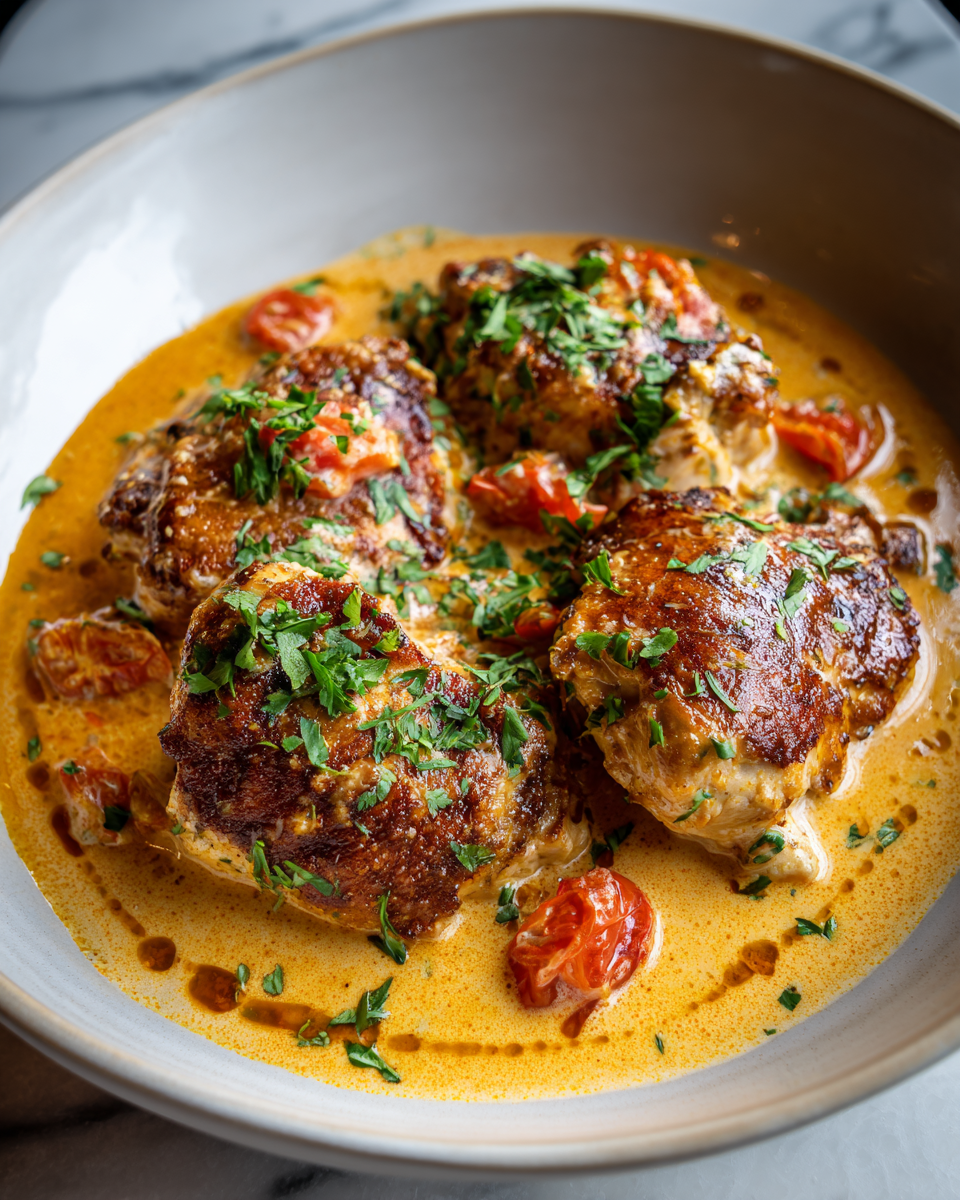 Recipe for creamy tomato parmesan chicken, perfect autumn comfort food.