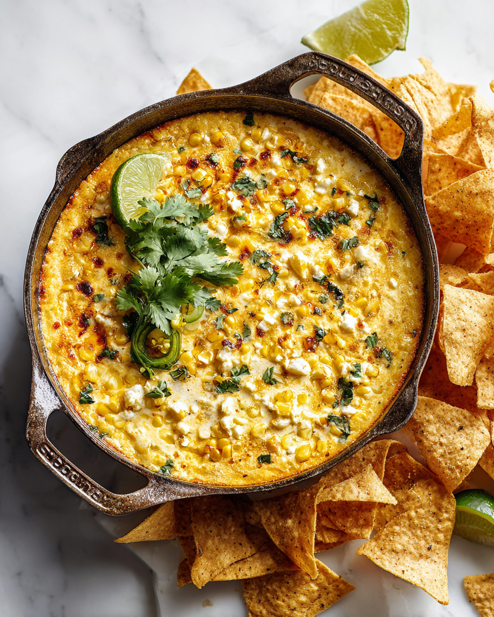 Queso Verde Corn Dip crémeux avec maïs doux et fromages, parfait pour les apéritifs