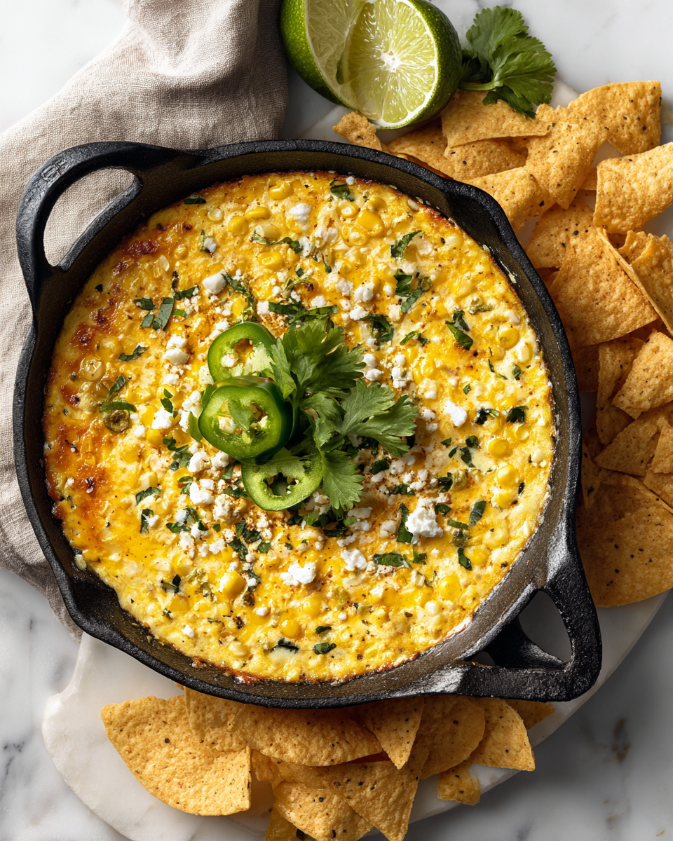 Queso Verde Corn Dip crémeux avec maïs doux et fromages, parfait pour les apéritifs